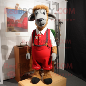 Red Suffolk Sheep mascot costume character dressed with a Henley Shirt and Pocket squares