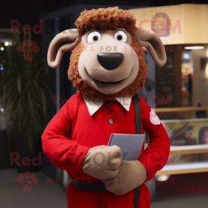 Red Suffolk Sheep mascot costume character dressed with a Henley Shirt and Pocket squares