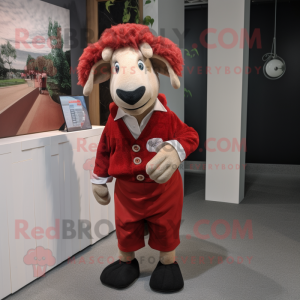 Red Suffolk Sheep mascot costume character dressed with a Henley Shirt and Pocket squares