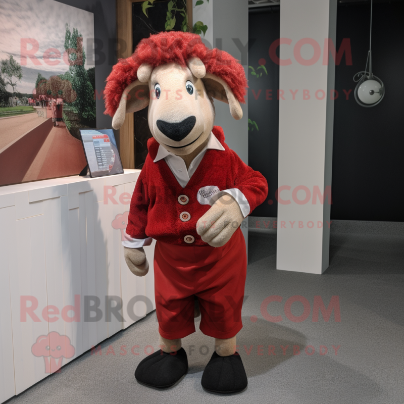 Red Suffolk Sheep mascot costume character dressed with a Henley Shirt and Pocket squares Red Suffolk Sheep mascot costume character dressed with a Henley Shirt and Pocket squares