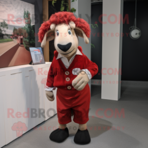 Red Suffolk Sheep mascot costume character dressed with a Henley Shirt and Pocket squares