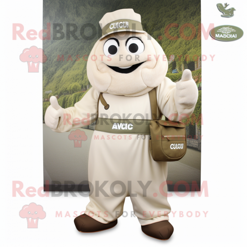 Olive Clam Chowder mascot costume character dressed with a Jumpsuit and Messenger bags Olive Clam Chowder mascot costume character dressed with a Jumpsuit and Messenger bags