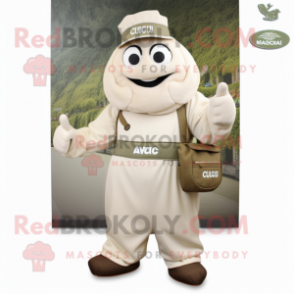 Olive Clam Chowder mascot costume character dressed with a Jumpsuit and Messenger bags