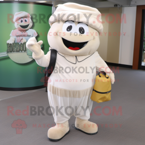 Olive Clam Chowder mascot costume character dressed with a Jumpsuit and Messenger bags