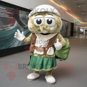 Olive Clam Chowder mascot costume character dressed with a Jumpsuit and Messenger bags