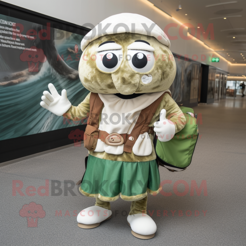 Olive Clam Chowder mascot costume character dressed with a Jumpsuit and Messenger bags Olive Clam Chowder mascot costume character dressed with a Jumpsuit and Messenger bags