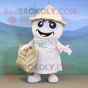 Olive Clam Chowder mascot costume character dressed with a Jumpsuit and Messenger bags