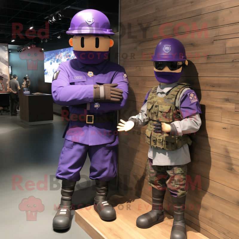 Purple Army Soldier mascot costume character dressed with a Baseball Tee and Bracelet watches