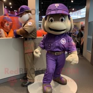Purple Army Soldier mascot costume character dressed with a Baseball Tee and Bracelet watches
