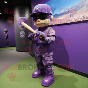Purple Army Soldier mascot costume character dressed with a Baseball Tee and Bracelet watches