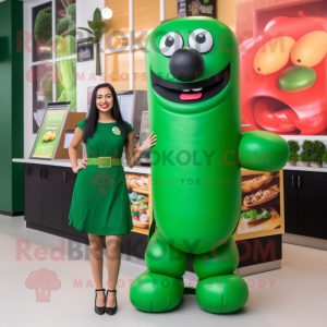 Forest Green Hot Dogs mascot costume character dressed with a Mini Skirt and Earrings