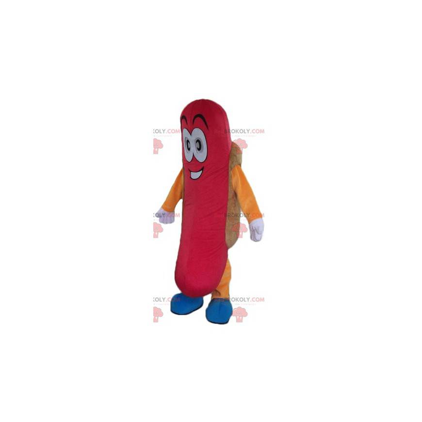 Mascot gigantische hotdog kleurrijk en glimlachend -