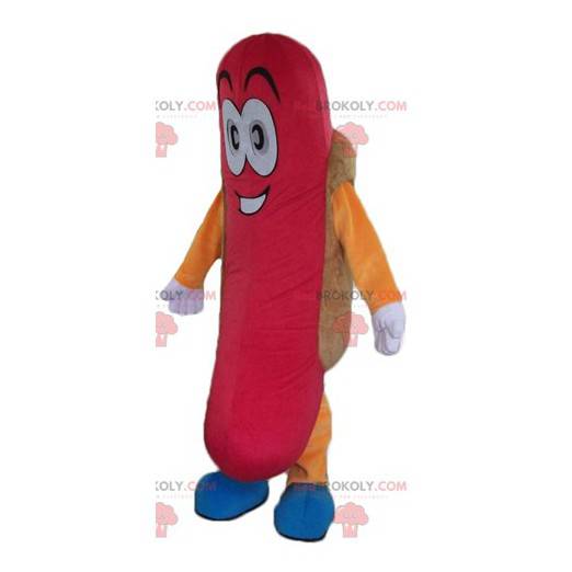 Mascot perro caliente gigante colorido y sonriente -