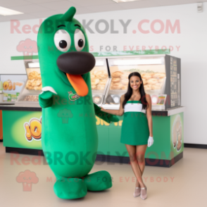 Forest Green Hot Dogs mascot costume character dressed with a Mini Skirt and Earrings