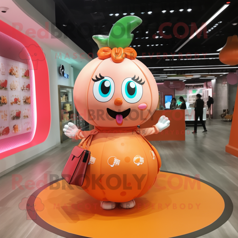 Peach Bracelet mascot costume character dressed with a Mini Dress and Handbags Peach Bracelet mascot costume character dressed with a Mini Dress and Handbags
