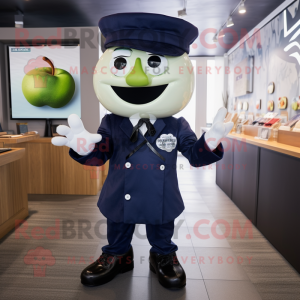 Navy Apple mascot costume character dressed with a Shift Dress and Suspenders