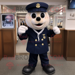 Navy Apple mascot costume character dressed with a Shift Dress and Suspenders