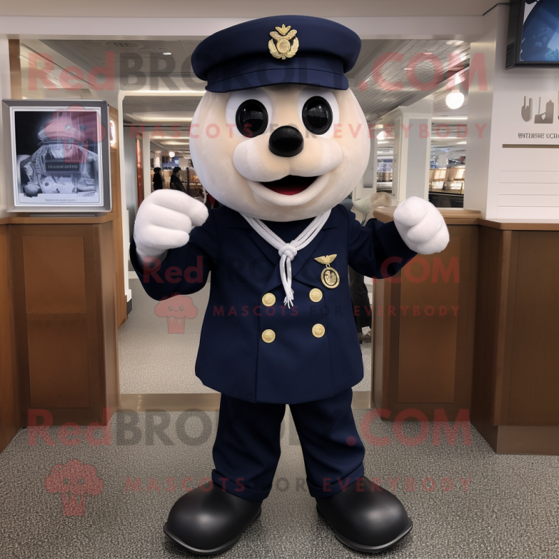 Navy Apple mascot costume character dressed with a Shift Dress and Suspenders Navy Apple mascot costume character dressed with a Shift Dress and Suspenders