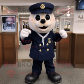 Navy Apple mascot costume character dressed with a Shift Dress and Suspenders
