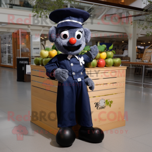 Navy Apple mascot costume character dressed with a Shift Dress and Suspenders