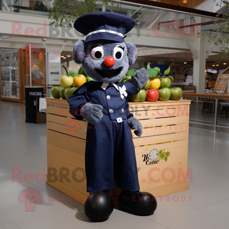 Navy Apple mascot costume character dressed with a Shift Dress and Suspenders Navy Apple mascot costume character dressed with a Shift Dress and Suspenders