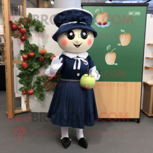 Navy Apple mascot costume character dressed with a Shift Dress and Suspenders