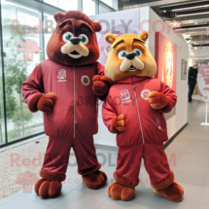 Maroon Goulash mascot costume character dressed with a Windbreaker and Brooches