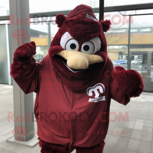 Maroon Goulash mascot costume character dressed with a Windbreaker and Brooches