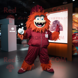 Maroon Goulash mascot costume character dressed with a Windbreaker and Brooches