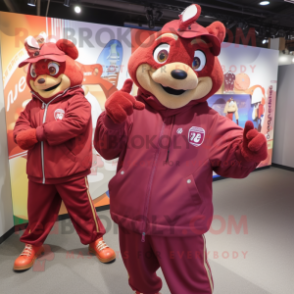 Maroon Goulash mascot costume character dressed with a Windbreaker and Brooches