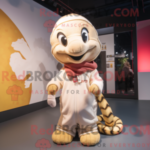 Cream Python Maskottchen Kostüm Figur bekleidet mit einem Hoodie und Beanies - Python-Maskottchen - RedBrokoly.com