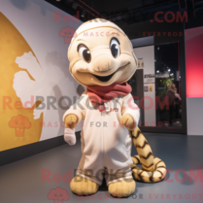 Cream Python Maskottchen Kostüm Figur bekleidet mit einem Hoodie und Beanies - Python-Maskottchen - RedBrokoly.com