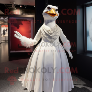 White Blackbird mascot costume character dressed with a Ball Gown and Suspenders