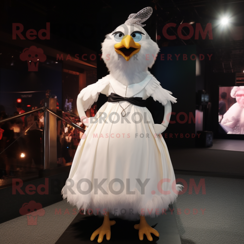 White Blackbird mascot costume character dressed with a Ball Gown and Suspenders White Blackbird mascot costume character dressed with a Ball Gown and Suspenders
