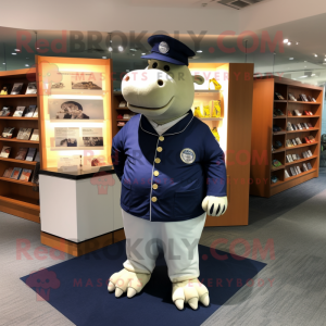 Navy Hippopotamus mascot costume character dressed with a Polo Tee and Coin purses