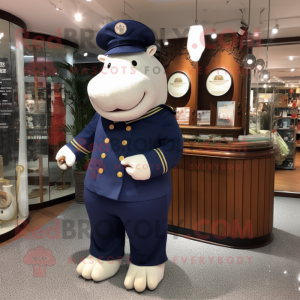 Navy Hippopotamus mascot costume character dressed with a Polo Tee and Coin purses