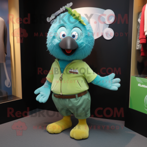 Cyan Kiwi mascot costume character dressed with a Chinos and Cummerbunds