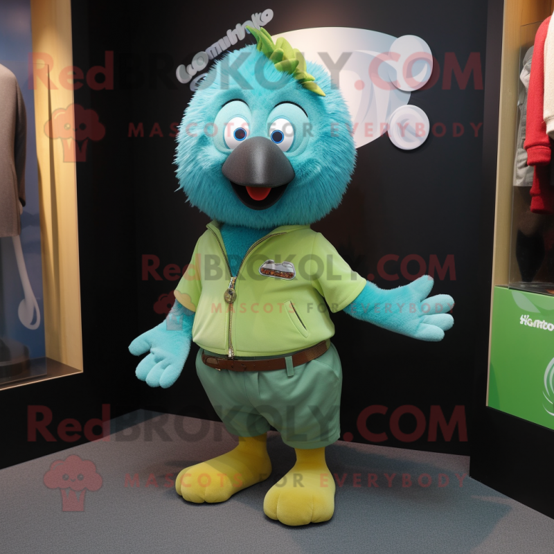 Cyan Kiwi mascot costume character dressed with a Chinos and Cummerbunds Cyan Kiwi mascot costume character dressed with a Chinos and Cummerbunds