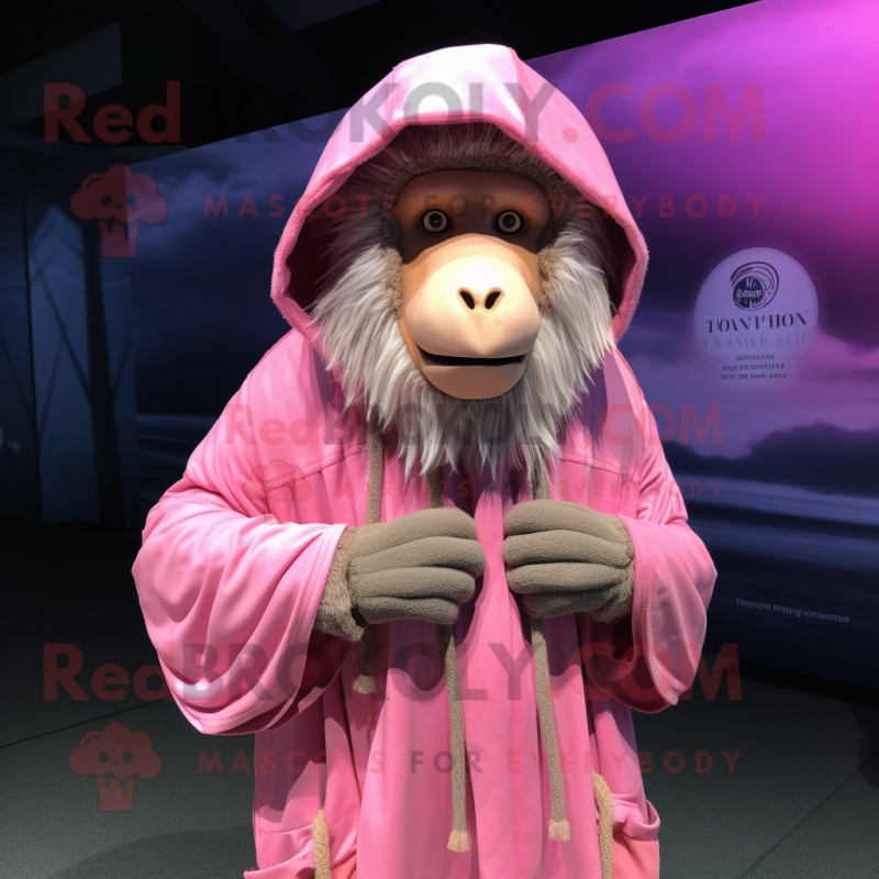 Pink Baboon mascot costume character dressed with a Parka and Shawls