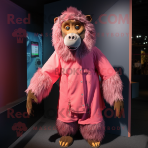Pink Baboon mascot costume character dressed with a Parka and Shawls