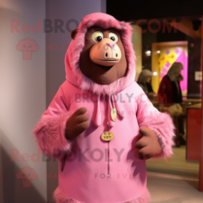 Pink Baboon mascot costume character dressed with a Parka and Shawls