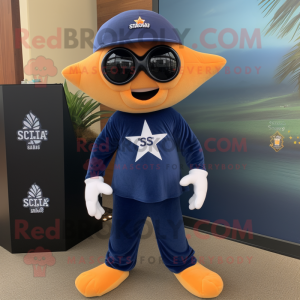 Navy Starfish mascot costume character dressed with a Joggers and Eyeglasses