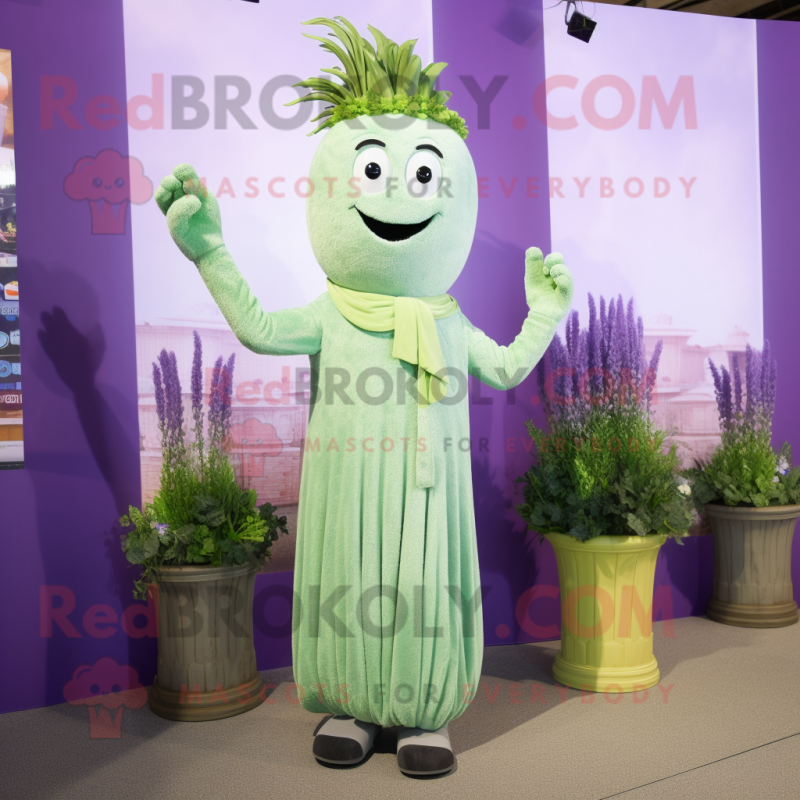 Lavender Celery mascot costume character dressed with a Jumpsuit and Bracelet watches Lavender Celery mascot costume character dressed with a Jumpsuit and Bracelet watches