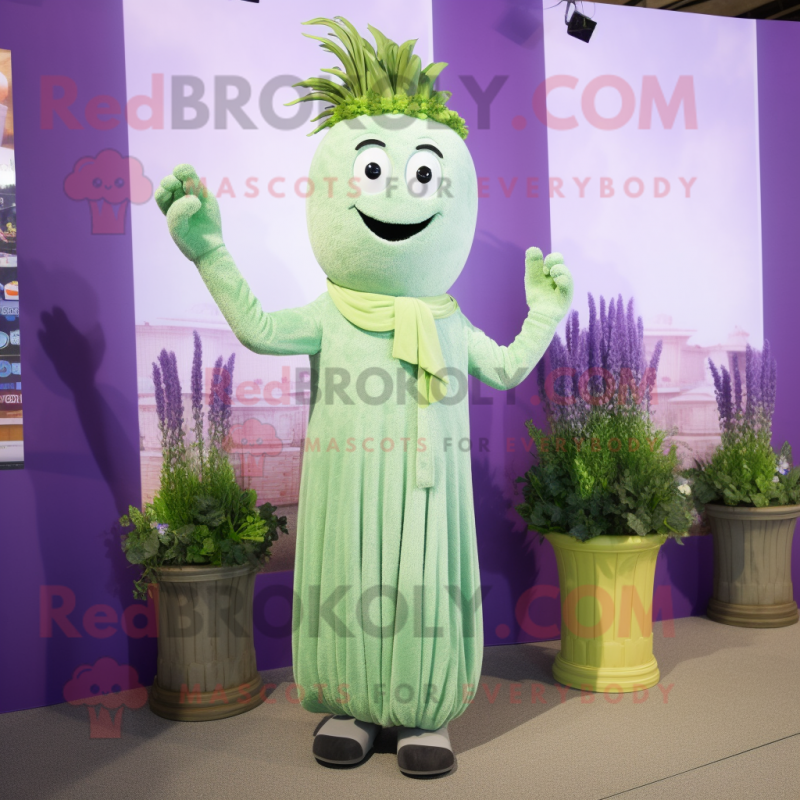 Lavender Celery mascot costume character dressed with a Jumpsuit and Bracelet watches