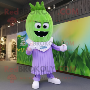 Lavender Celery mascot costume character dressed with a Jumpsuit and Bracelet watches