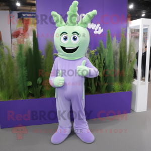 Lavender Celery mascot costume character dressed with a Jumpsuit and Bracelet watches