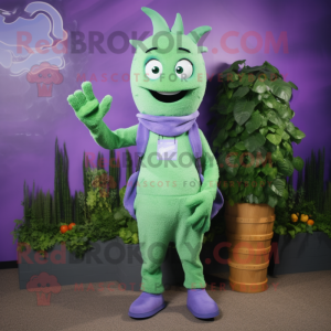 Lavender Celery mascot costume character dressed with a Jumpsuit and Bracelet watches