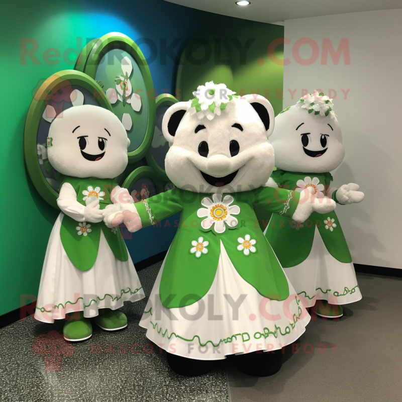 White Bunch Of Shamrocks mascot costume character dressed with a Circle Skirt and Coin purses White Bunch Of Shamrocks mascot costume character dressed with a Circle Skirt and Coin purses