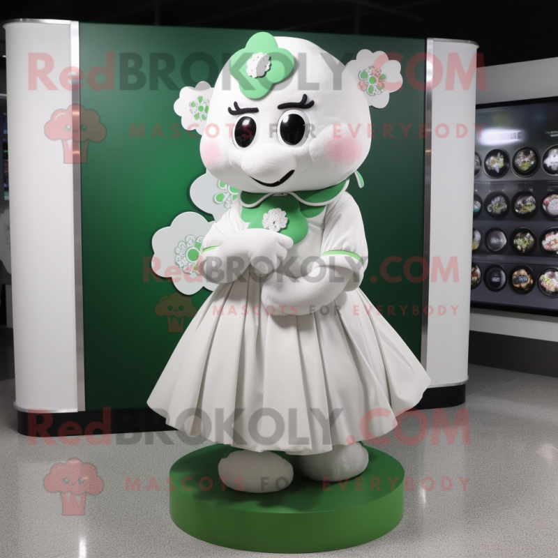 White Bunch Of Shamrocks mascot costume character dressed with a Circle Skirt and Coin purses White Bunch Of Shamrocks mascot costume character dressed with a Circle Skirt and Coin purses