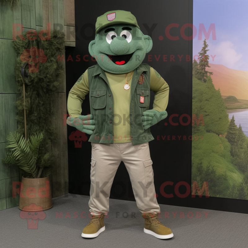 Forest Green Green Beret mascot costume character dressed with a Boyfriend Jeans and Caps Forest Green Green Beret mascot costume character dressed with a Boyfriend Jeans and Caps